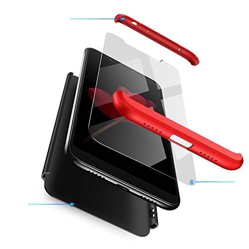 cmdkd Funda Compatible con Xiaomi Redmi Note 6 Pro,Case Bumper 3 en 1 Estructura 360 Grados Integral para Ambas Caras Hard Skin Carcasa + Cristal Templado.Rojo Negro