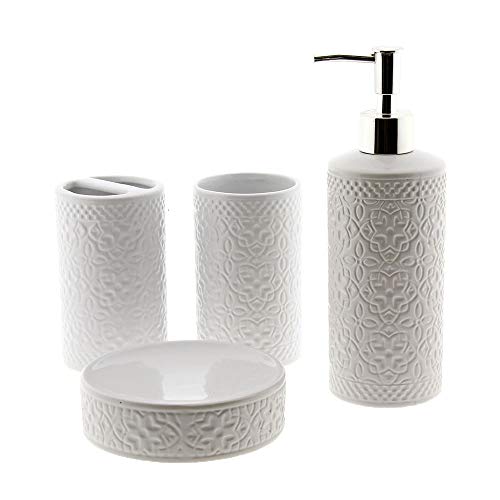 Cuco´S Nest Set de Baño de 4 Piezas de Ceramica Mod. Flor. Conjunto de Accesorios de sobreponer para el Lavabo. Color Blanco