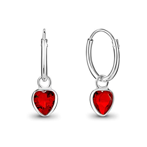 DTP Silver - Pendientes de Aro de mujer 14 mm - Plata 925 con Cristal Swarovski en forma de Corazón - Color Rojo