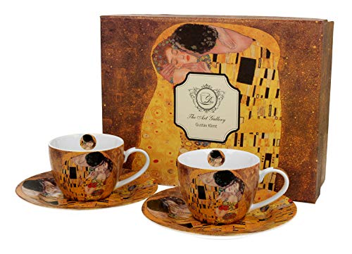 DUO Colección Art Gallery by Gustave Klimt The Kiss - Juego de 2 tazas de café con platillos de porcelana china de New Bone en caja de regalo, 110 ml