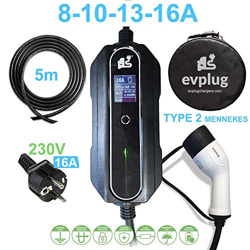 evplug / Cargador EV portatil Coche electrico PHEV | Potencia Variable | 3.6 kW / 7.2kW | Typ 2 IEC 62196-2 - Typ 1 SAE J1772 | 5 m | Compatible ZOE, Kona, E-208, 3, ID.3, MII, etc