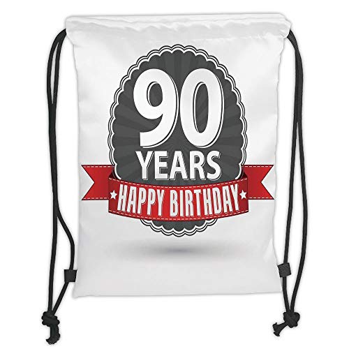 Fevthmii Drawstring Backpacks Bags,90th Birthday Decorations,Retro Label with Red Ribbon Vintage Emblem Stars Classical,Red Grey White Soft Satin,5 Liter Capacity,Adjustable String Closure,