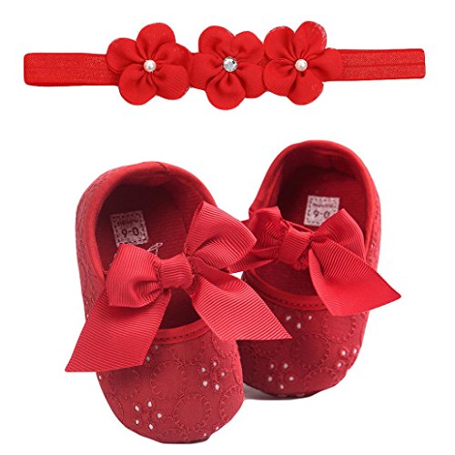 Fossen Zapatos Bebe Niña Primeros Pasos Recien Nacido Princesa Zapatos Antideslizantes de Suela Blanda (0-6 Meses, Rojo/Zapatos + Diadema)