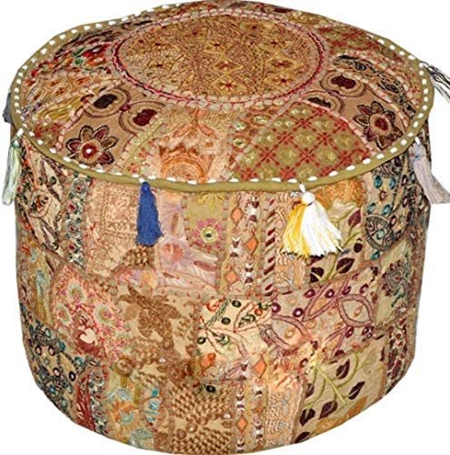 GANESHAM Puf otomano indio hippie de algodón vintage para el suelo y cojín de patchwork, para silla bohemio, bordado a mano, hecho a mano, color beige, 33 cm de alto x 55 cm de diámetro (pulgadas))