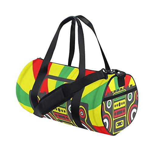 HARXISE Colorido Reggae Rastafarian Boombox en rayas rojo amarillo verde naranja，Bolsa de equipaje de viaje Deporte Lienzo ligero Equipaje de fitness Bolso de tambor Desmontable