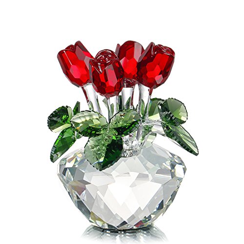 H&D Ramo de primavera de cristal flores de cristal rojo rosa figura, adorno en caja de regalo