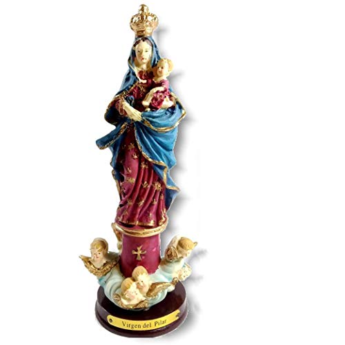 Heraldys.- Figura Virgen del Pilar 15 cms. en Resina, Pintada a Mano. De Regalo Colgante Cruz. También de Regalo estampas de San Expedito, San Pancracio, San Judas Tadeo y San Miguel.
