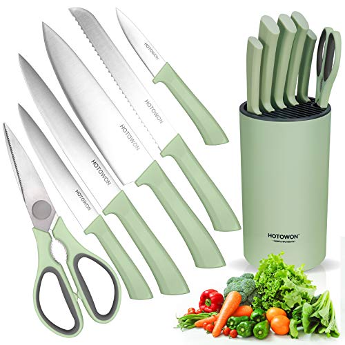 HOTOWON Bloque de cuchillos de cocina, juego de 7 piezas, incluye cuchillo de cocina, cuchillo de pan, cuchillo universal, cuchillo de trinchar, cuchillo de verduras, tijeras de acero inoxidable.