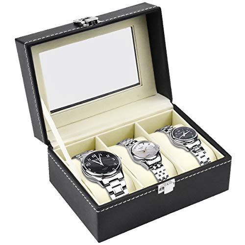 HQdeal Cofre de Relojes 3 Relojes PU Grandes Compartimentos Ventana Transparente Soft Cojines Negros