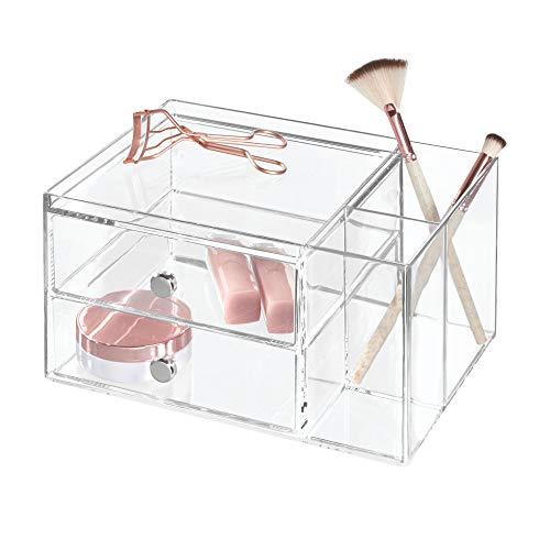 InterDesign Drawers Caja con compartimentos | Caja de maquillaje con 2 cajones y bandeja superior | Organizador de maquillaje o artículos de oficina | Plástico transparente