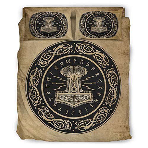 Juego de 4 fundas de almohada y funda de edredón, diseño vikingo, color blanco 3, 228 x 264 cm