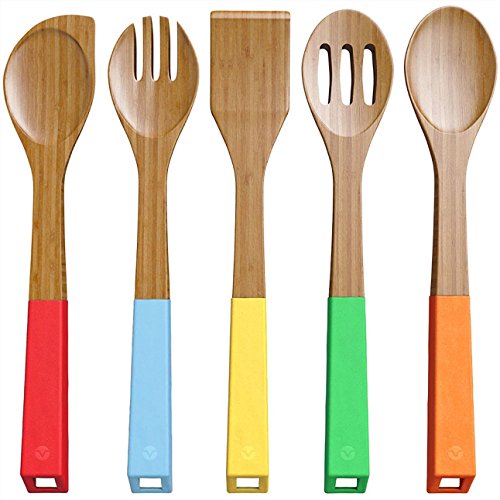 Juego de 5 cucharas de bambú para cocinar – cucharas de madera y utensilios de espátula – madera de bambú no stic