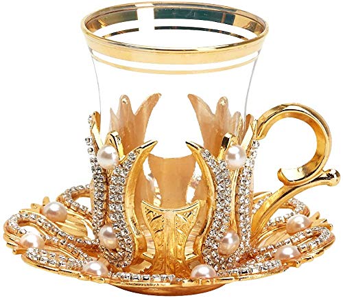 Juego de 6 tazas de té pequeñas hechas a mano estilo turco platillos Set de cucharas con cristales y perlas, color dorado, pequeño 85 ml
