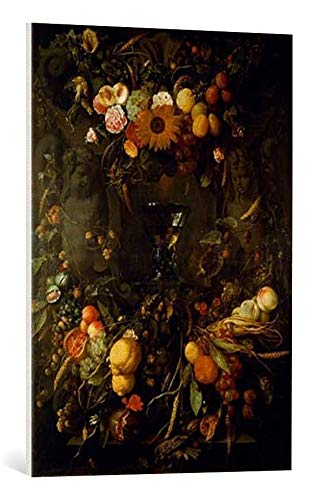Kunst für Alle Cuadro en Lienzo: Jan Davidsz. de Heem Hanging Arrangement of Fruit and Flowers Above a Stone Niche with a Rummer Wine Glass - Impresión artística, Lienzo en Bastidor, 60x85 cm