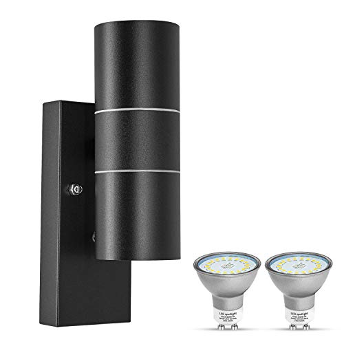 Lámpara LED exterior con interruptor crepuscular IP44, resistente al agua GU10, moderna lámpara de pared con 2 bombillas LED GU10 de 5 W, blanco cálido, 1 unidad.