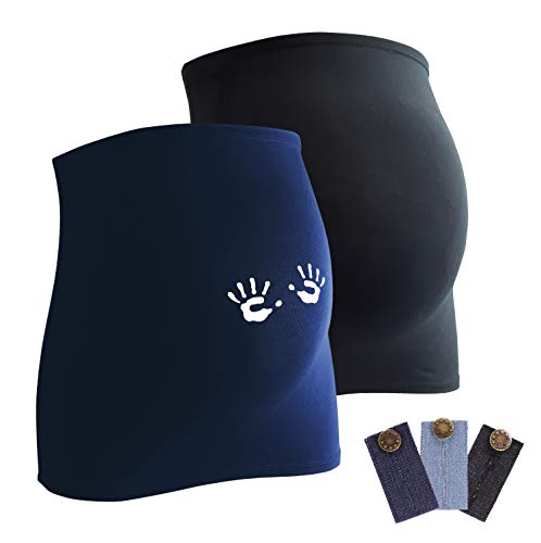 Mamaband - Banda para el vientre para la bola de bebé en paquete doble, 1 unidad de una sola mano, calentador de espalda y extensión de camiseta para embarazadas, elástica azul oscuro/negro Small