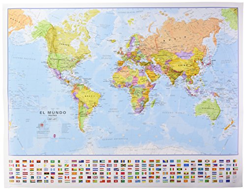 Mapa mural del Mundo castellano con banderas (68x53 cm) escala 1:60.000.000. Maps International.