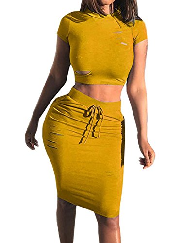 Minetom Mujer Verano Atractivo Cuello Redondo Manga Corta con Agujeros Crop Tops Y Bodycon Falda Color Sólido Conjunto De 2 Piezas Amarillo ES 38