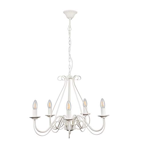 MiniSun – Lámpara elegante de techo ‘Anais’ - vintage de estilo candelabro - de gran dimensión, metálica, 5 luces y color marfil
