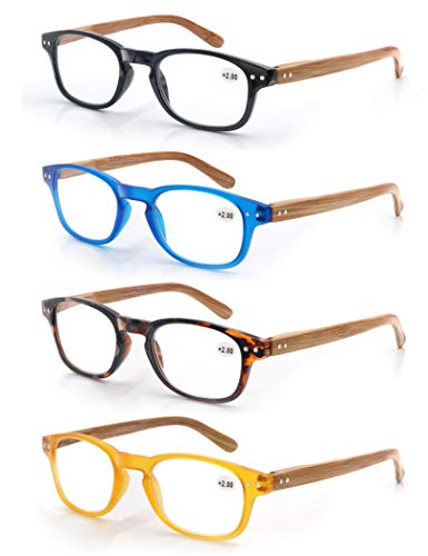 MODFANS Un pack de 4 gafas de lectura 3.5 para Hombres/Mujeres - Lente Clara,Vision Clara,Efecto Madera - Moda,Practicas,Ligeras,Comodas,Colores Negro-Azul-Marron-Amarillo