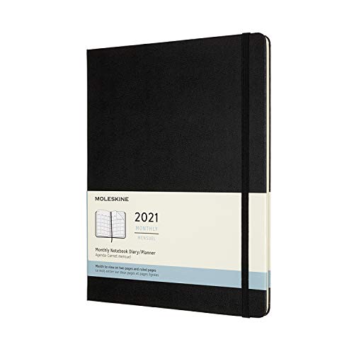Moleskine - Agenda Mensual 2021, Agenda de 12 Meses, un Mes por Página, Tapa Dura, Tamaño XL de 19 x 25 cm, Color Negro, 128 Páginas