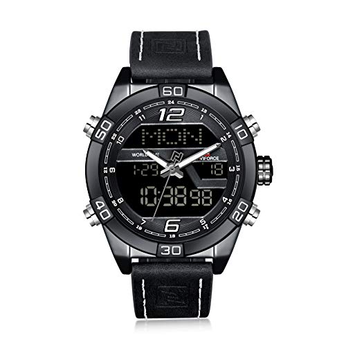 NAVIFORCE Reloj de pulsera para hombre, estilo militar, correa de piel, analógico, digital, cuarzo, con calendario, alarma, cronómetro, color negro