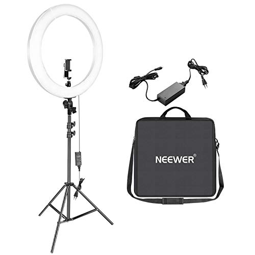 Neewer Kit Luz Anillo LED 53cm para Maquillaje Video: Temperatura Color Ajustable con Batería o Opción Alimentación DC, Batería Cargador Adaptador AC Abrazadera y Soporte Incluidos