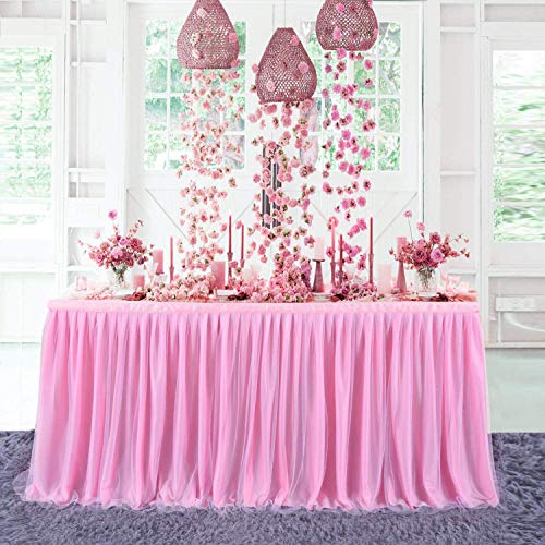 NSSONBEN Falda de mesa de tul rosa para fiestas de bebés, bodas, cumpleaños, cumpleaños infantiles, 275 cm de largo x 77 cm de alto