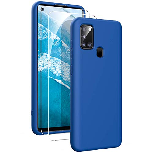 Oududianzi - Funda para Samsung Galaxy A21s con 2 Pack Protector de Pantalla de Vidrio Templado, Funda de Silicona Líquida Suave Case de Goma Ultrafina a Prueba de Choques de Color Puro - Azul