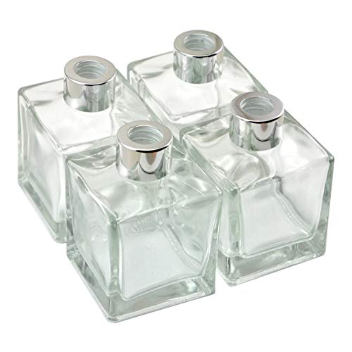 Ougual - Conjunto de 4 Botellas Cuadrado de Vidrio difusor, Botellas de aceites Esenciales para fragancias caseras (200ML, Gorras de Plata)