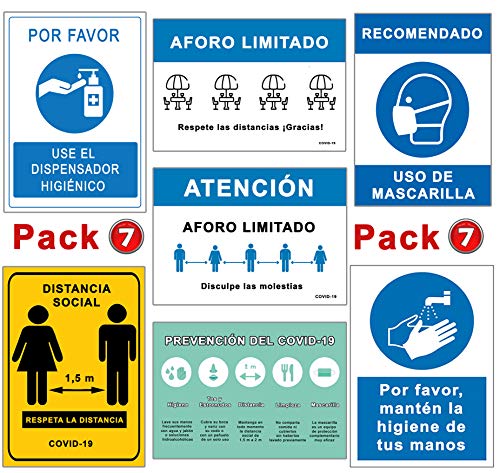 Pack Señales Coronavirus | Pack Especial 7 Carteles | Todo tipo de Establecimientos | Aforo, Mascarilla, Higiene, Distancia. | Carteles Autoinstalables COVID 19 | 21 x 30 cm | Descuentos por Cantidad