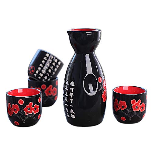 Panbado Juego de Sake de 5 Piezas de Gres, Conjunto Tradicional Japonés con 1 Botella de Sake y 4 Sake Cups de Cerámica, Estilo Japonés, Mejor Regalo de Cumpleaños, Navidad, San Valentín - Negro
