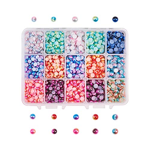 PandaHall 3150 Piezas Surtidas de 15 Colores de Color Degradado de Media Perla de Cuentas Planas de 5 mm de Espalda Plana Gem Scrapbook Craft DIY Beads + Caja de plástico