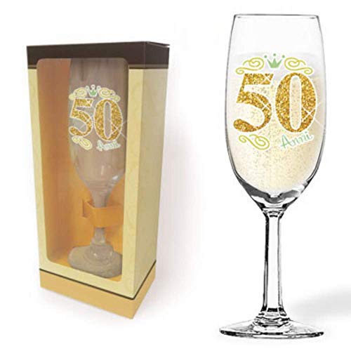 Partycolarità - Copa de champán de 50 años con purpurina – Copa de cristal – Copa de champán – Gadget para fiesta de cumpleaños de cincuenta