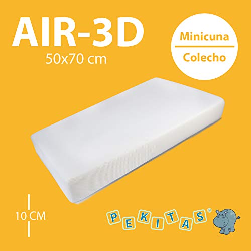 Pekitas - Colchón Minicuna 50x70 cm Funda AIR-3D Transpirable Antiahogo Con Cremallera Lavable Grosor 10cm Interior Espuma Blanca Fabricado en España Medidas Personalizables