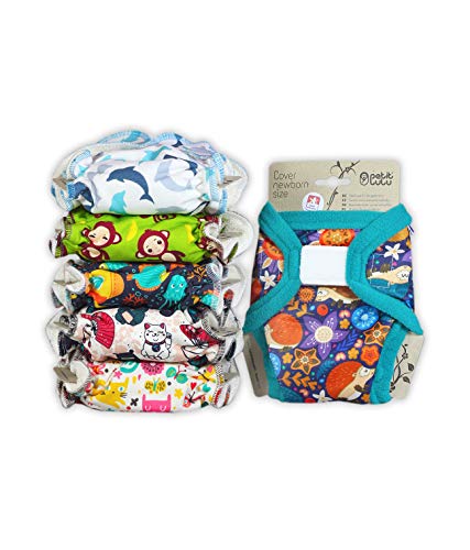 Petit Lulu 5 unidades de pañales para recién nacido Fluffy Organic + 1 cubrepañales impermeables de tamaño 1 PUL (2-6 kg) | paquete de pañales de tela | fabricado en la UE (A)