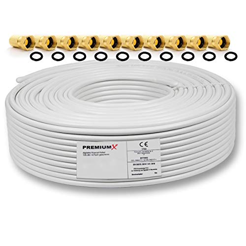 PremiumX - 50m cable coaxial SAT cable de antena cable coaxial 130dB, 4 veces blindado para sistemas DVB-S / S2 DVB-C y DVB-T BK + 10 conectores F chapados en oro SET gratis