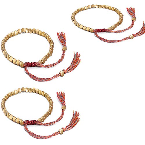 Pulsera tibetana hecha a mano, tibetana budista hecha a mano con cuentas de cobre, pulsera de borla de la suerte para mujeres y hombres (3 unidades)