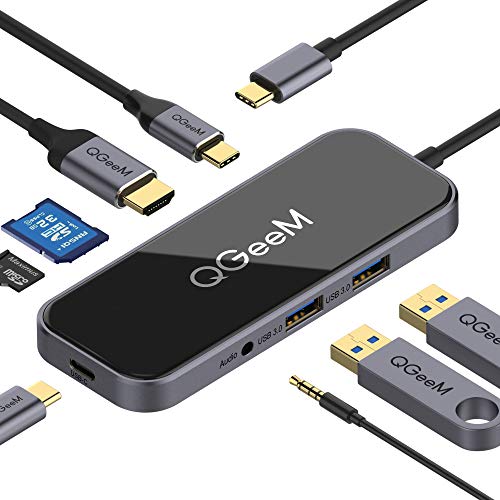 QGeeM USB C Hub, Adaptador USB C a HDMI 8 en 1, USB C a USB 3.0, con PD de 100 W, Ranura para Tarjeta SD y TF, USB c para Compatible con MacBook Pro 2019/2018, concentrador Tipo C