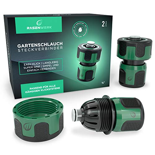 RASENWERK® - Conector de manguera de jardín con Aquastop de 3/4 pulgadas - Conector de manguera premium con parada de agua - 2 unidades
