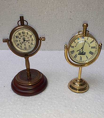Reloj de mesa de escritorio antiguo dorado y marrón, 2 unidades, latón macizo y cristal, color dorado, tamaño 4 pulgadas aprox.