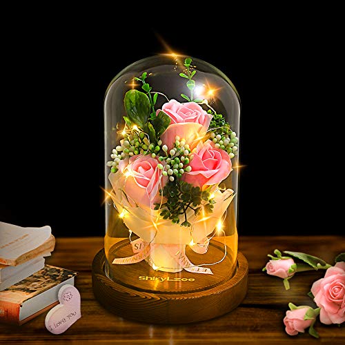 shirylzee Encantada Rosa La Bella y La Bestia Rosas Artificiales con luz LED Base de Madera Regalo para día de San Valentín Día de la Madre de cumpleaños Boda Aniversario decoración del hogar