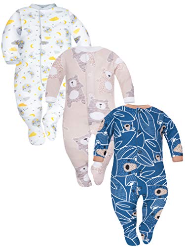 Sibinulo Nino Nina Pijama Bebé Pelele de ABS Pack de 3 Osos de Peluche Azul Marino Osos de Peluche Beige Lunas 80(9-12 Meses)