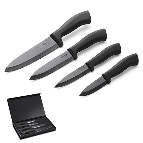 SILBERTHAL Set Cuchillos Cerámica cocina | Juego 4 cuchillos cerámicos | Cuchillos cocina de ceramica profesional | Negro