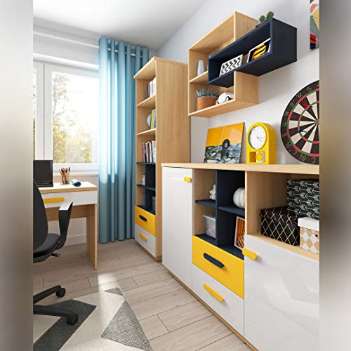 SMARTBett WEKKER - Habitación juvenil (4 piezas), color roble, azul marino, blanco y amarillo
