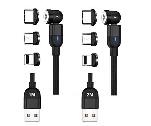 Soontec Cable de carga magnético 2M+1M giratorio USB 360 ° & 180 ° 2,4 A nailon trenzado 3 cabezales para Micro USB/Type C/Android negro