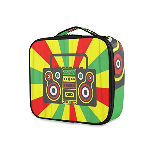 SUGARHE Colorido Reggae Rastafarian Boombox en Rayas Rojo Amarillo Verde Naranja,Neceser Maquillaje,Bolsa Cosméticos Organizador Brochas Maquillaje Estuches Portátil