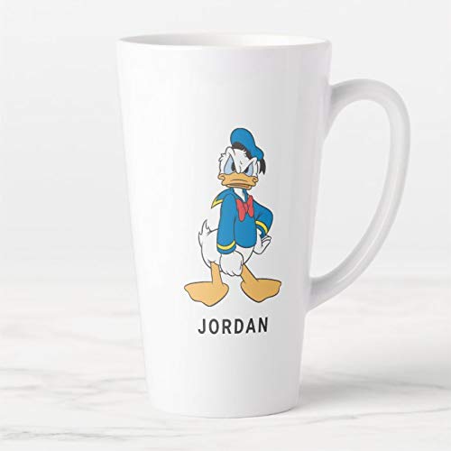 Taza de café con tapa y cuchara, diseño de pato Donald con una mano en la cadera, taza de café con leche de cerámica con tapa y cuchara, taza de té