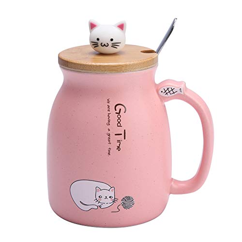 Taza de cerámica, taza de cerámica de gato encantador de 1 pieza con cuchara y tapa Taza de leche de agua de café para vasos de regalo Taza de gato(Rosado)
