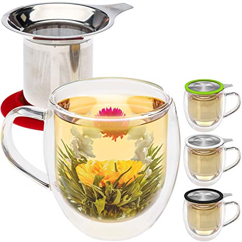 Taza de té de cristal doble con infusor de Teabloom & tapa +2 flores de té gourment - taza de té de 15 oz - la tapa sirve también de posavasos – Disponible en 4 colores